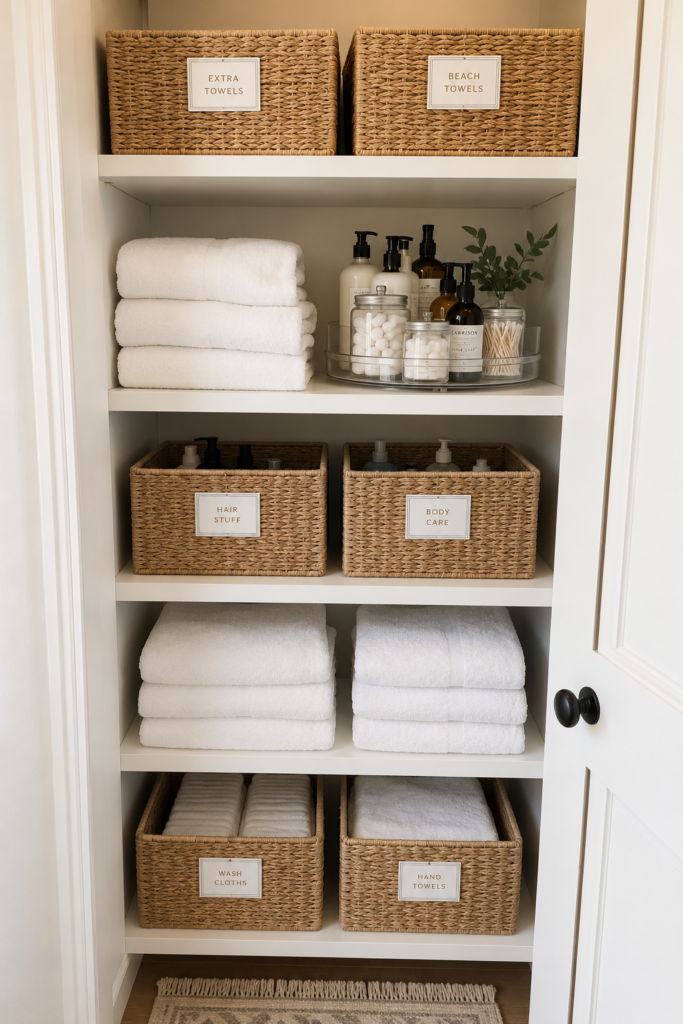 wicker bins with white labels in a linen closet with white towels and a lazy susan turn table holding bath items