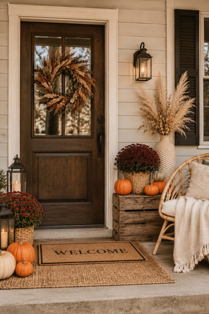 layered welcome mats for fall front porch decor with lanterns and wreath