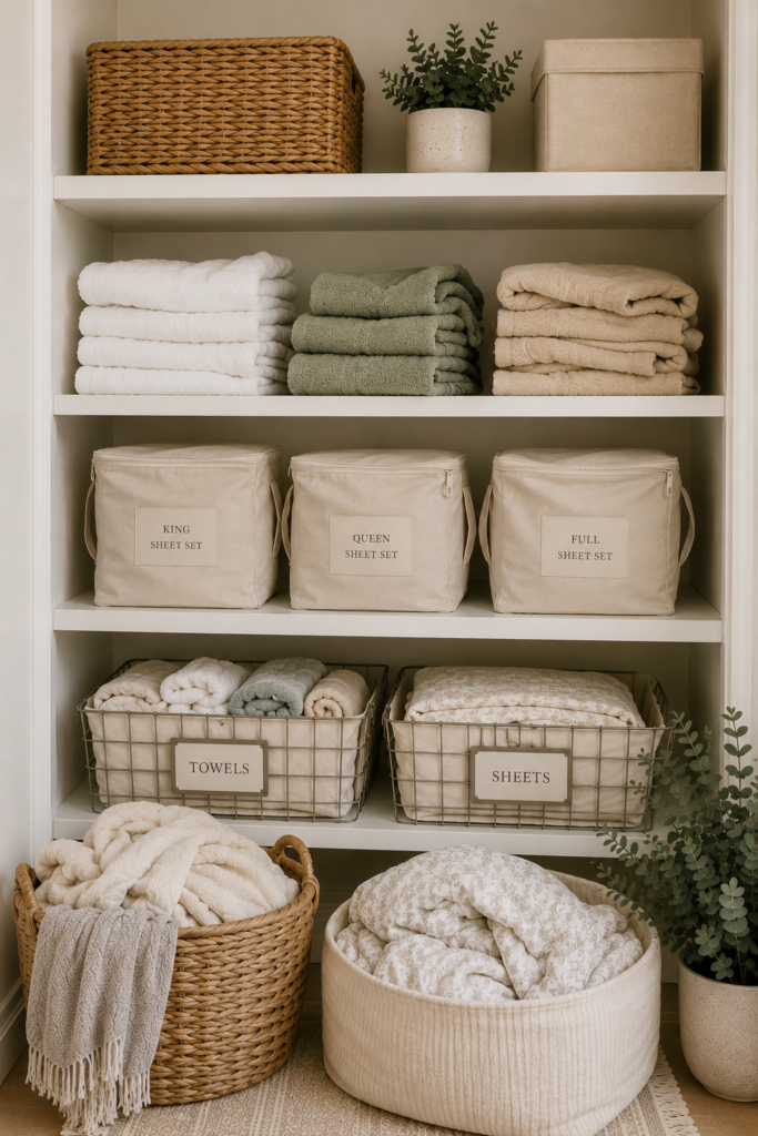 linen closet organization system with bins and baskets to hold towels and linen