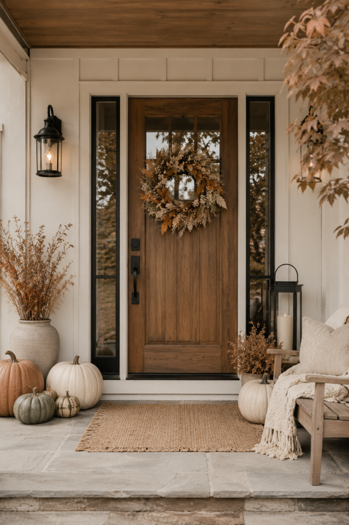 neutral fall front porch decor with wood door and white pumpkins on porch