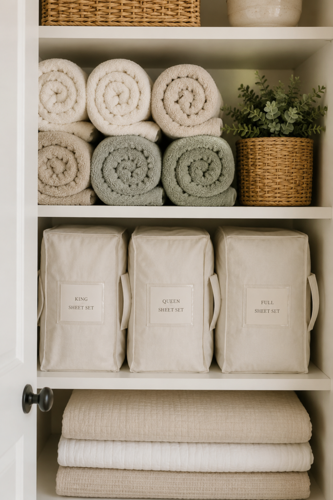 Neatly organized linen closet with rolled white and beige towels, labeled fabric sheet set storage bags, folded bedding, woven baskets, and neutral decor on white shelves.