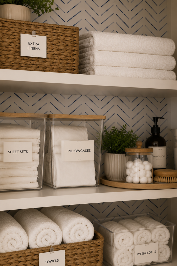 striped wallpaper in linen closet with baskets and towels on shelves