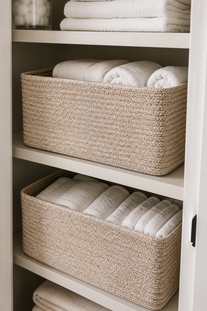 woven baskets in linen closet holding towels
