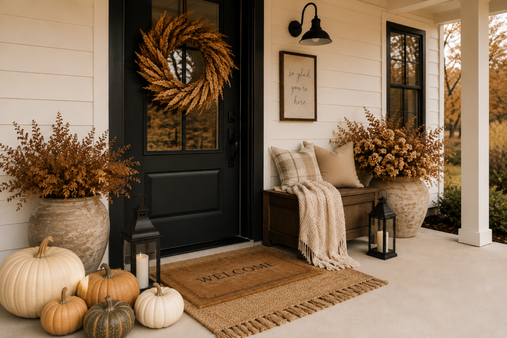 a decorated fall front porch with a beige throw blanket and a wreath on the black door.