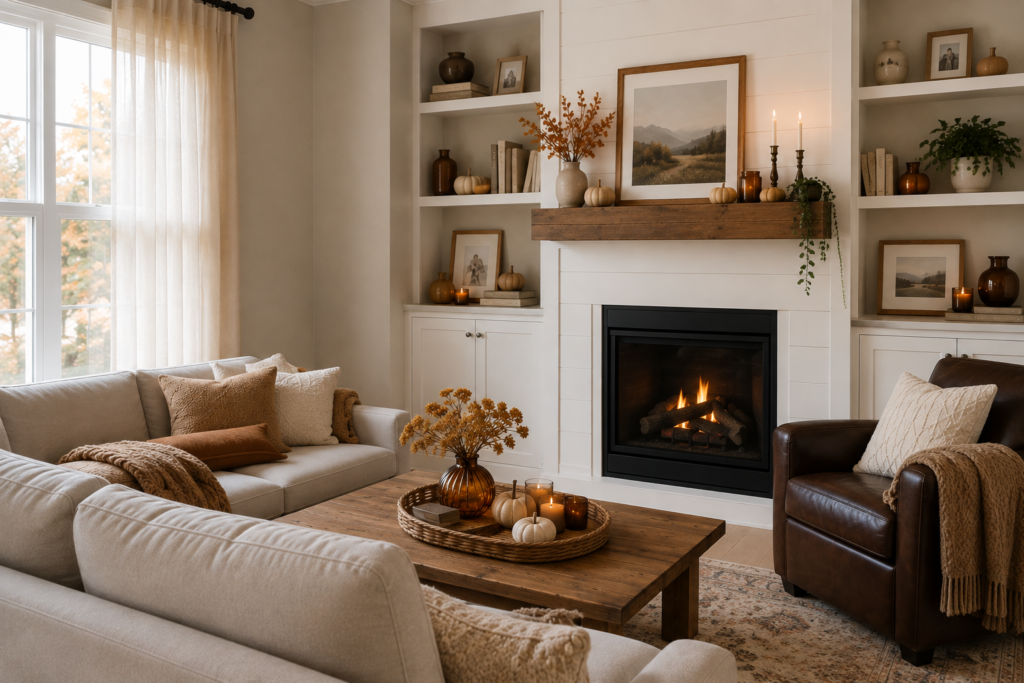 neutral fall living room with an amber vase on coffee table