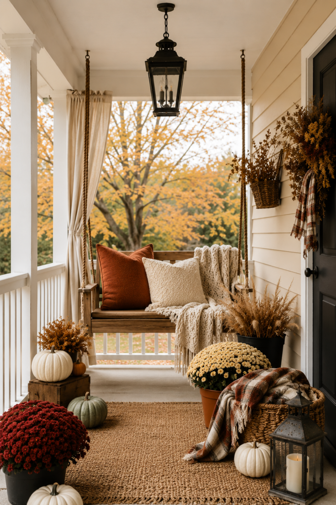 fall front porch swing with cozy fall layers such as cushions and throw pillows