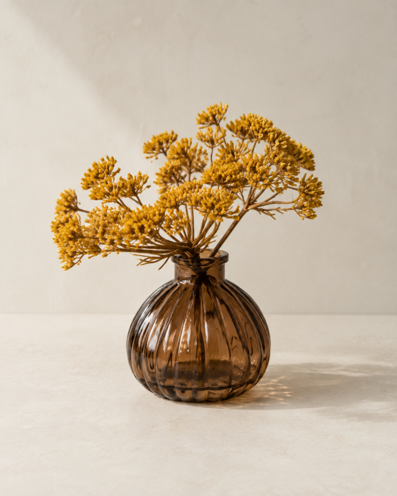 amber vase filled with flowers fall kitchen decor