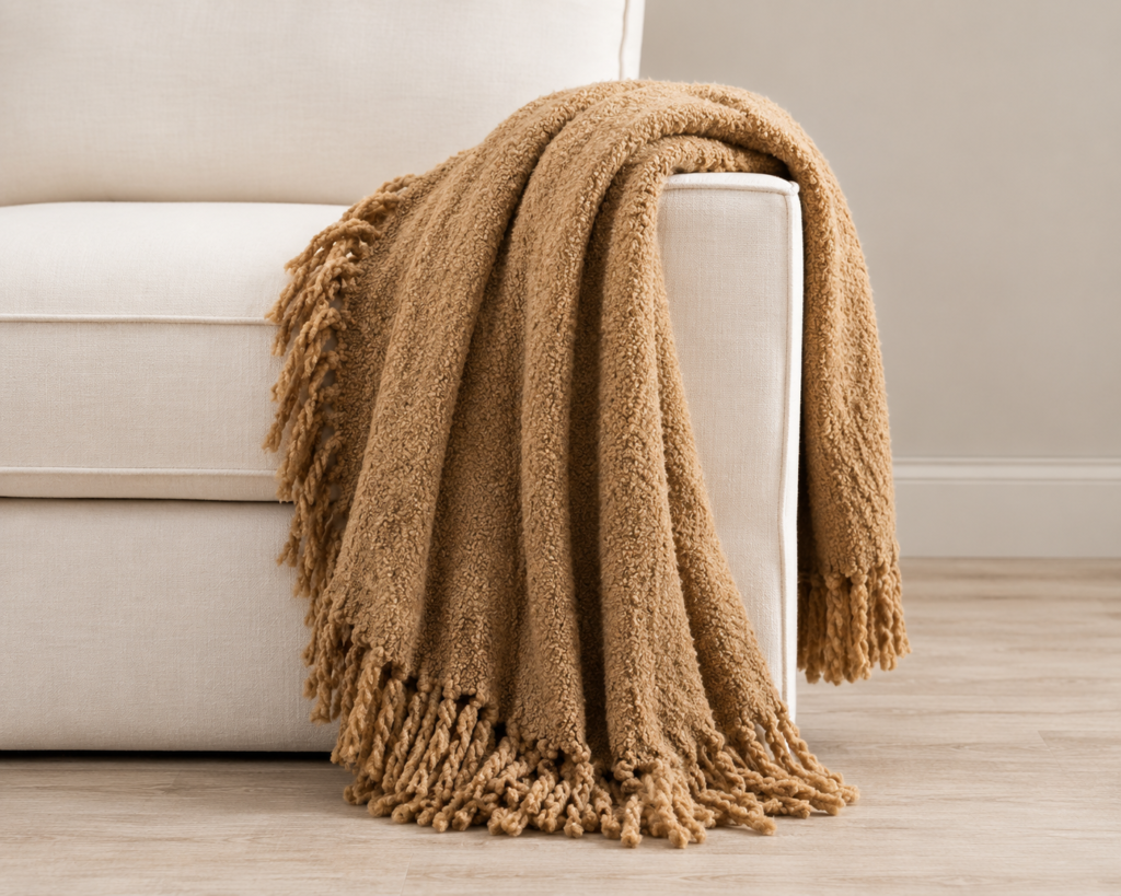 dark beige throw blanket with tassles