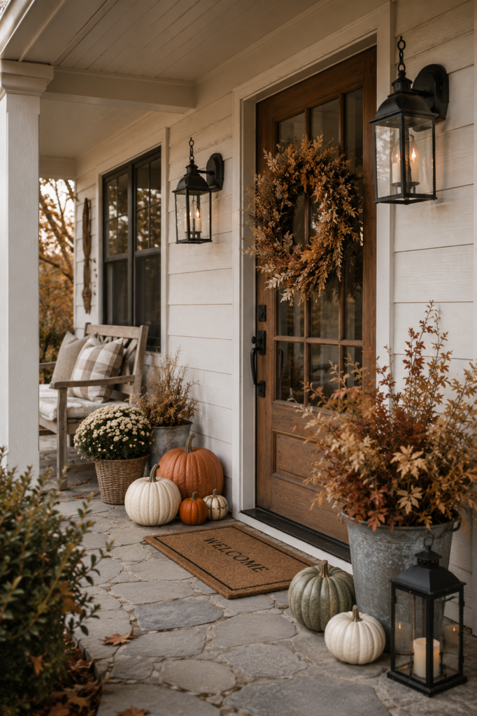 fall front porch with brown door with wreath on it and pumpkins on porch