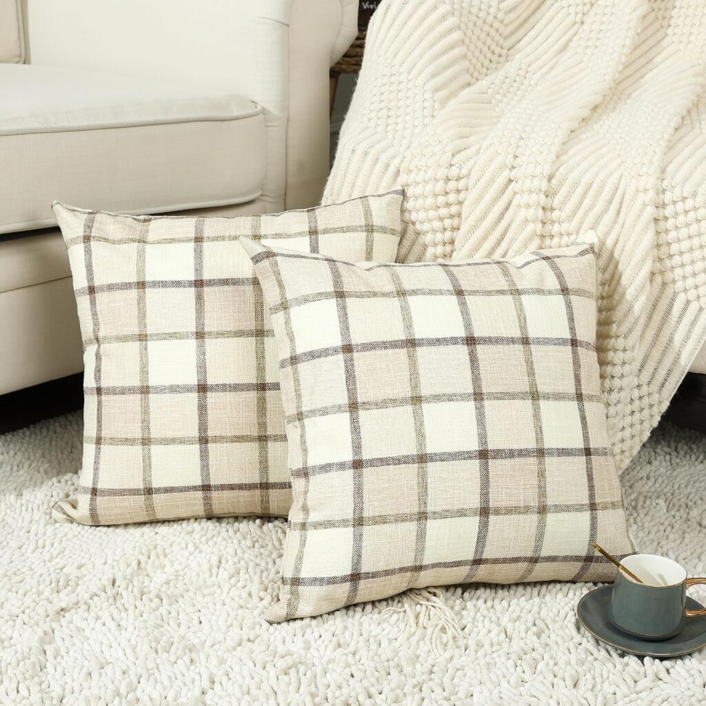 fall living room throw pillow that is beige plaid