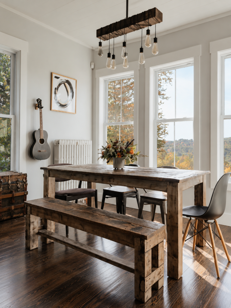 modern rustic dining room furniture with solid wood table and bench
