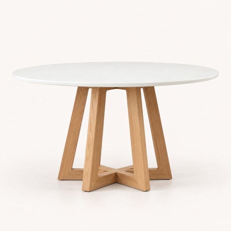 round dining table with white top and wood legs