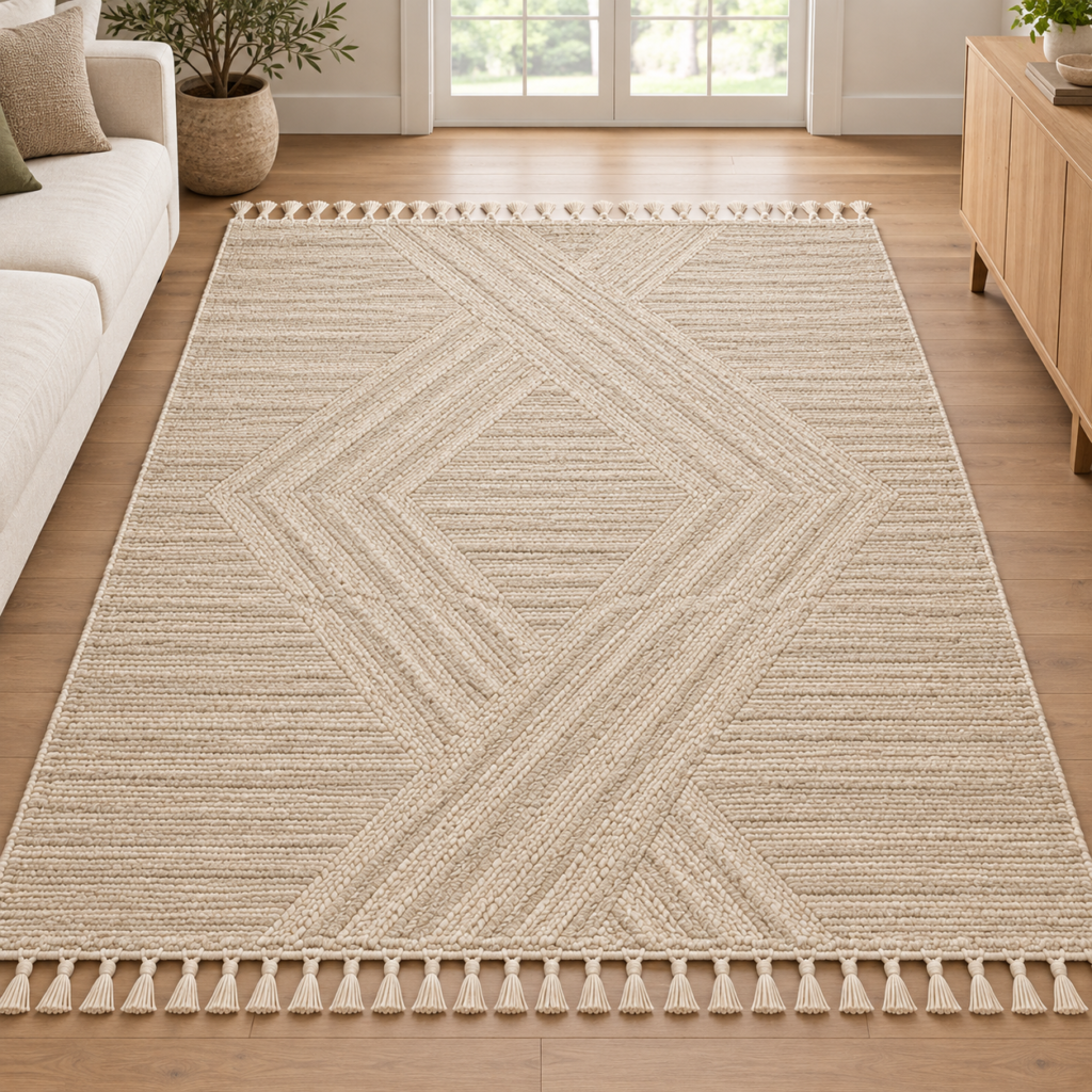 beige area rug with tassels