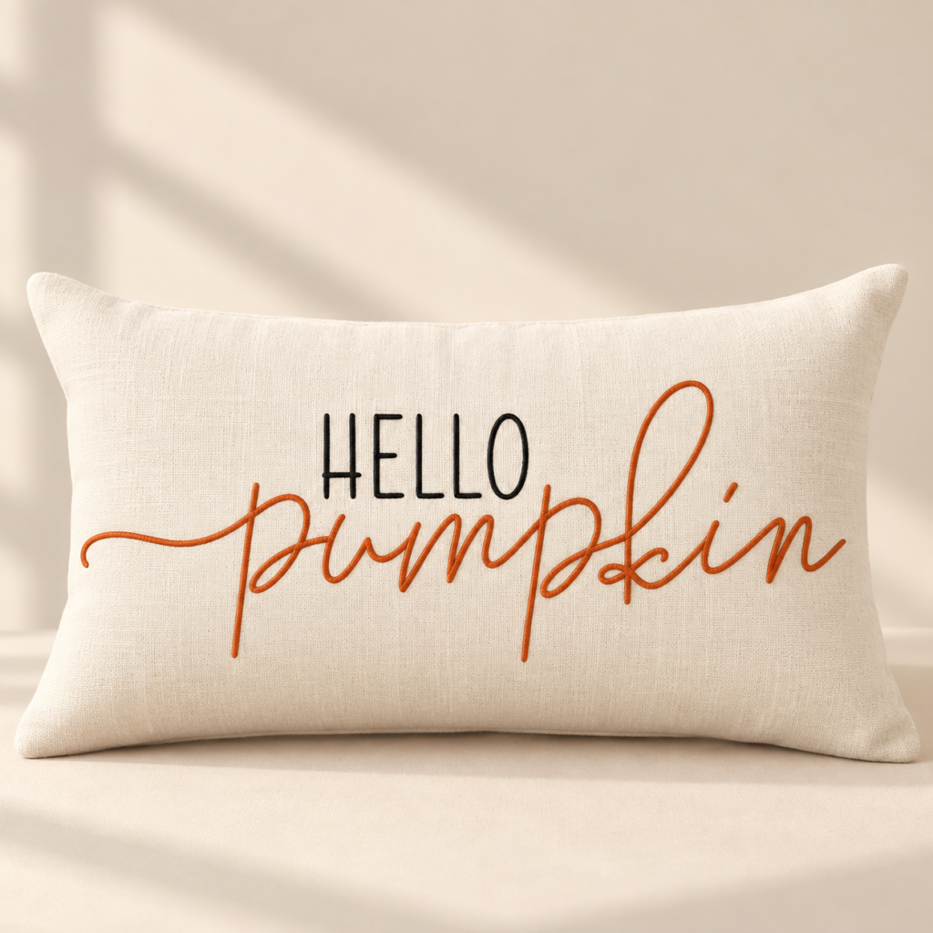 long light beige pillow with the words "hello pumpkin"