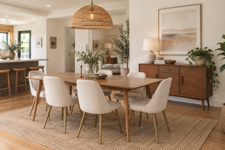 modern dining room with white dining room furniture and wood table, also a pendant light above the table