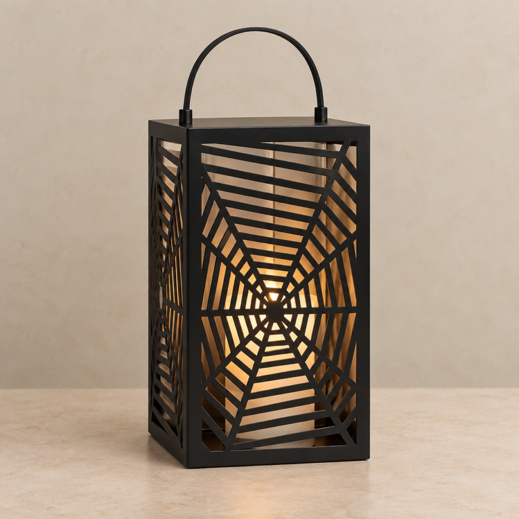 metal lantern with spider web on the front