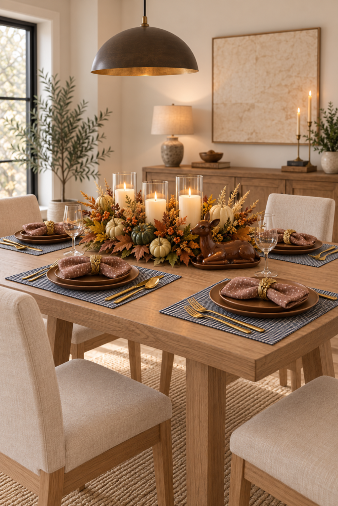 fall decorations for the home in the dining room. white chairs and a dining table with placemats and dishware on table