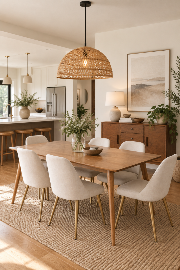 Bright modern dining room furniture with a wood dining table, cream upholstered chairs, woven pendant light, and wood buffet cabinet for extra dining room storage.