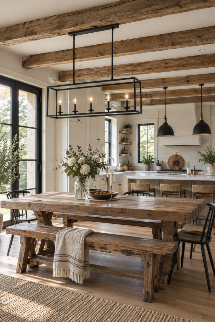modern farmhouse dining room furniture with pendant light and a wooden bench at the table