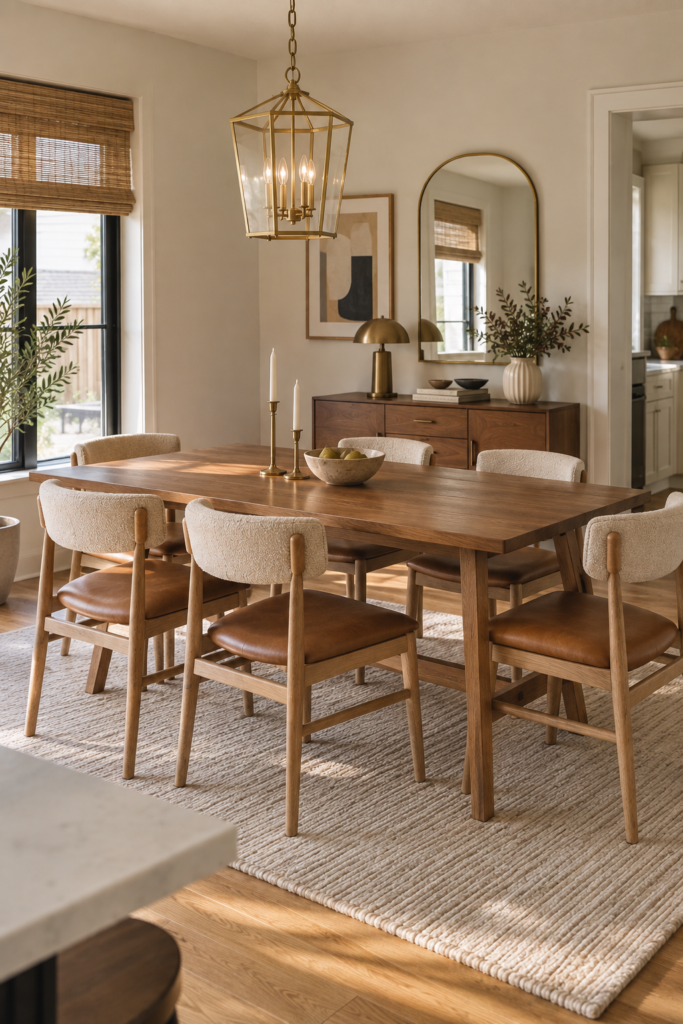 midcentury style dining room furniture with a pendant light.
