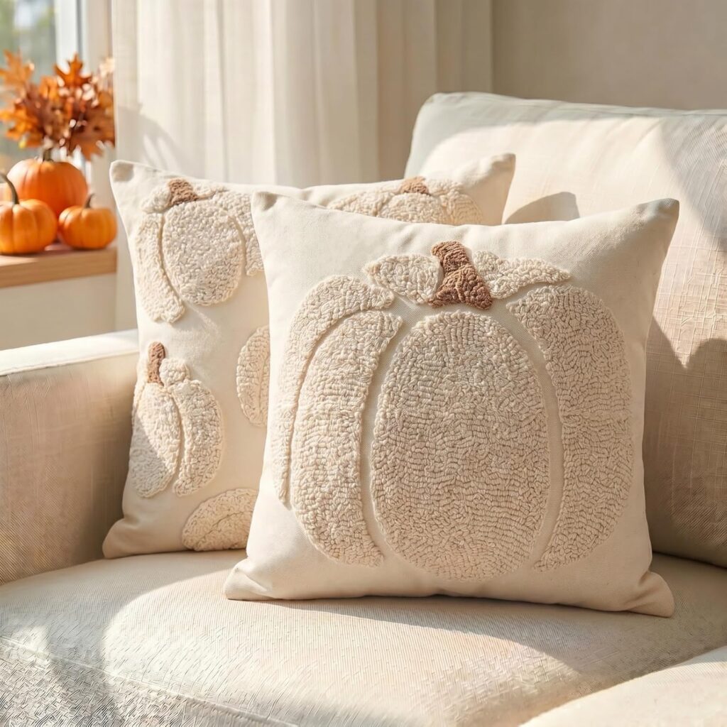 beige throw pillow with a white pumpkin on it, used for fall decorations for the home
