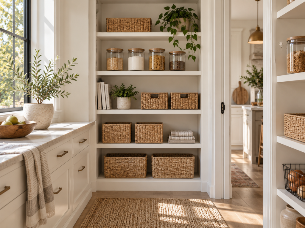 an organized kitchen pantry with wicker baskets and clear containers holding food