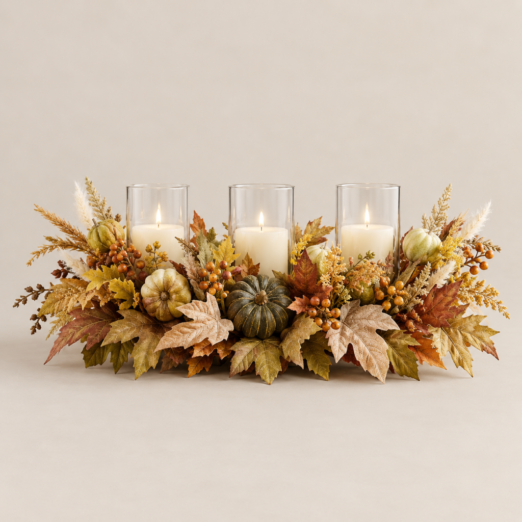 fall flower centerpiece with three candles in the middle