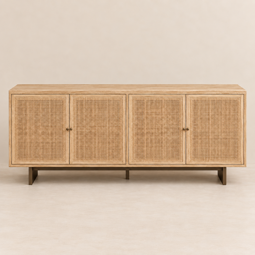 tan cosnole table with doors that open