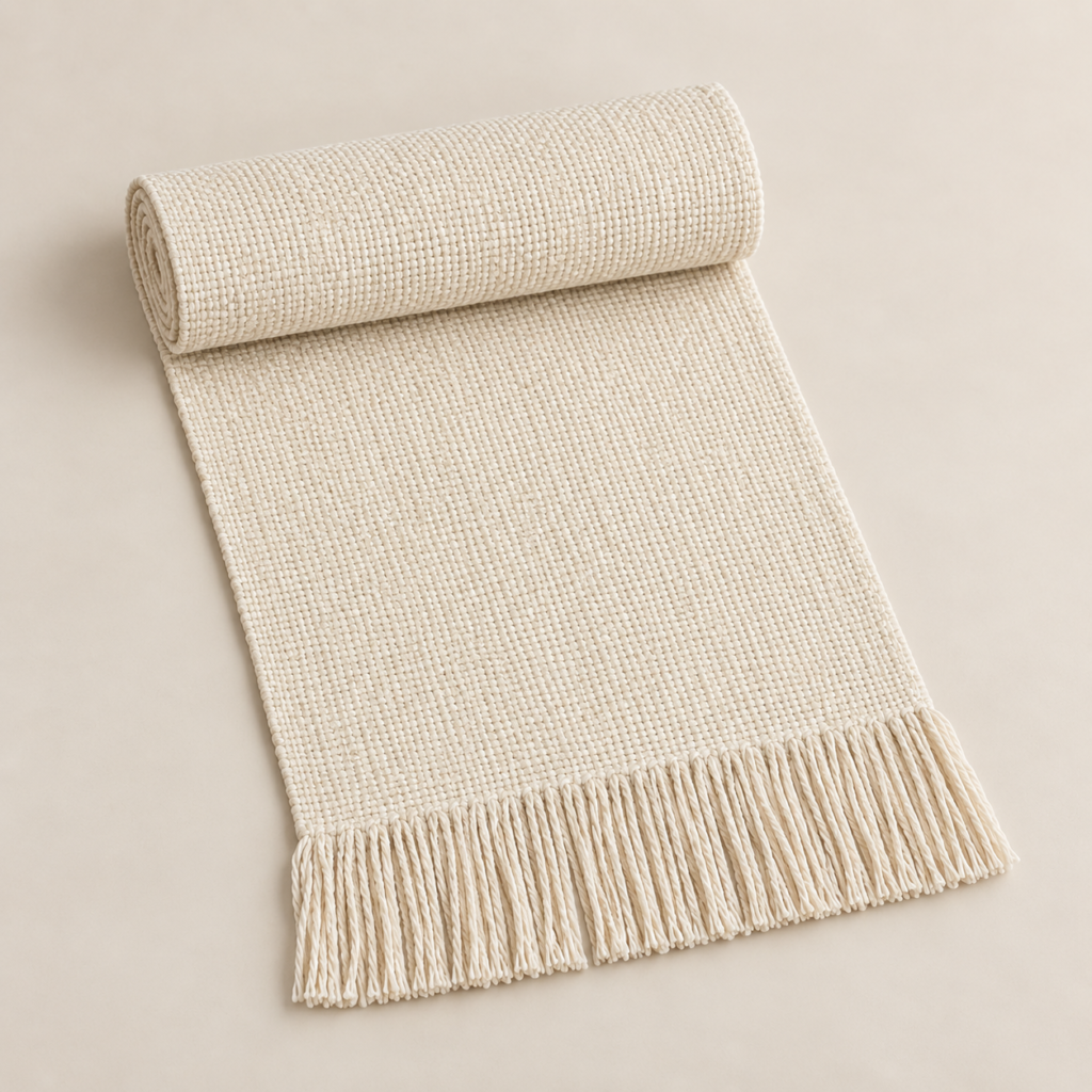 beige table runner with fringe ends