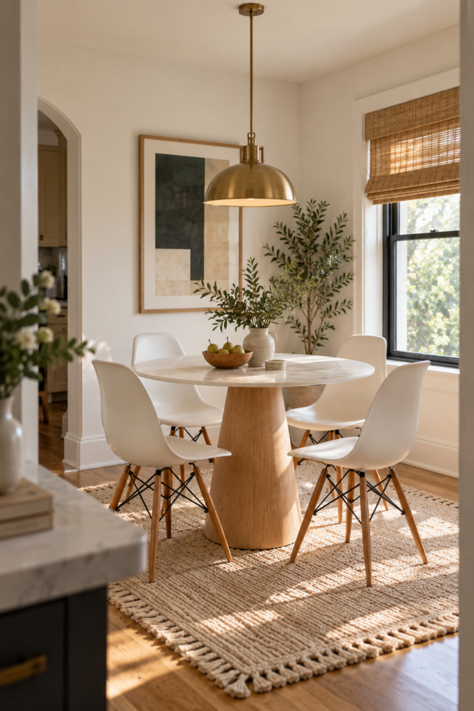 Small modern dining room with a round pedestal table, white molded chairs, neutral woven rug, brass pendant light, and natural wood accents.