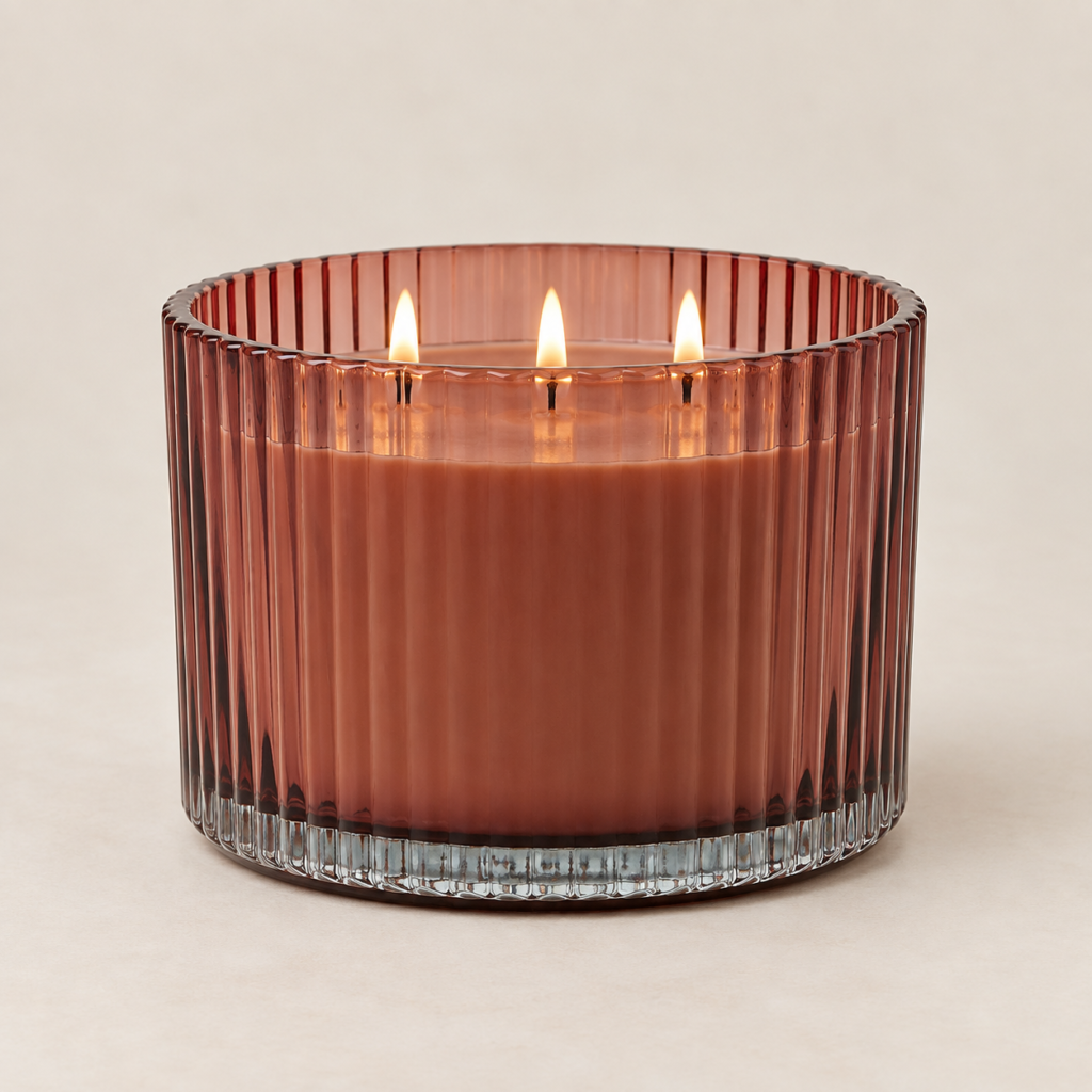 red ribbed candle with 3 wicks