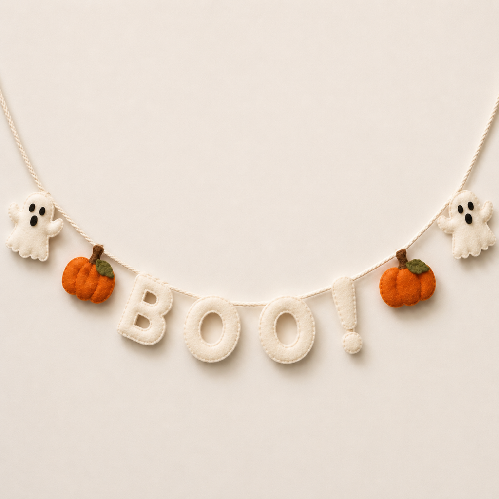 garland with white ghosts and the word boo on it