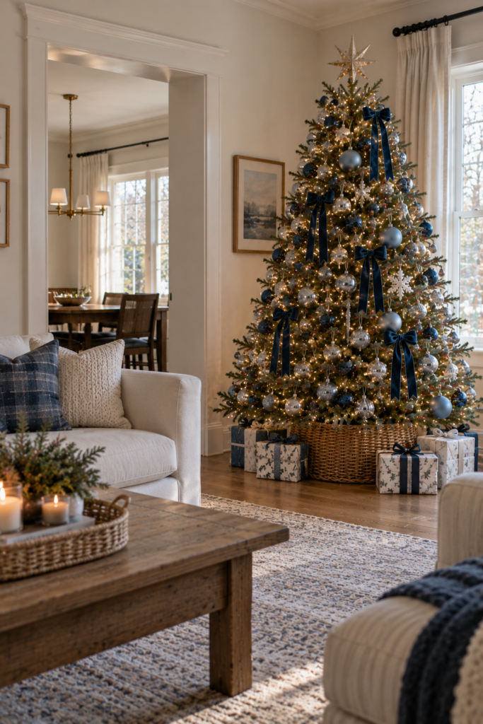 Blue and silver Christmas tree decorated with navy velvet bows, shimmering silver ornaments, and warm white lights in a cozy, neutral living room.