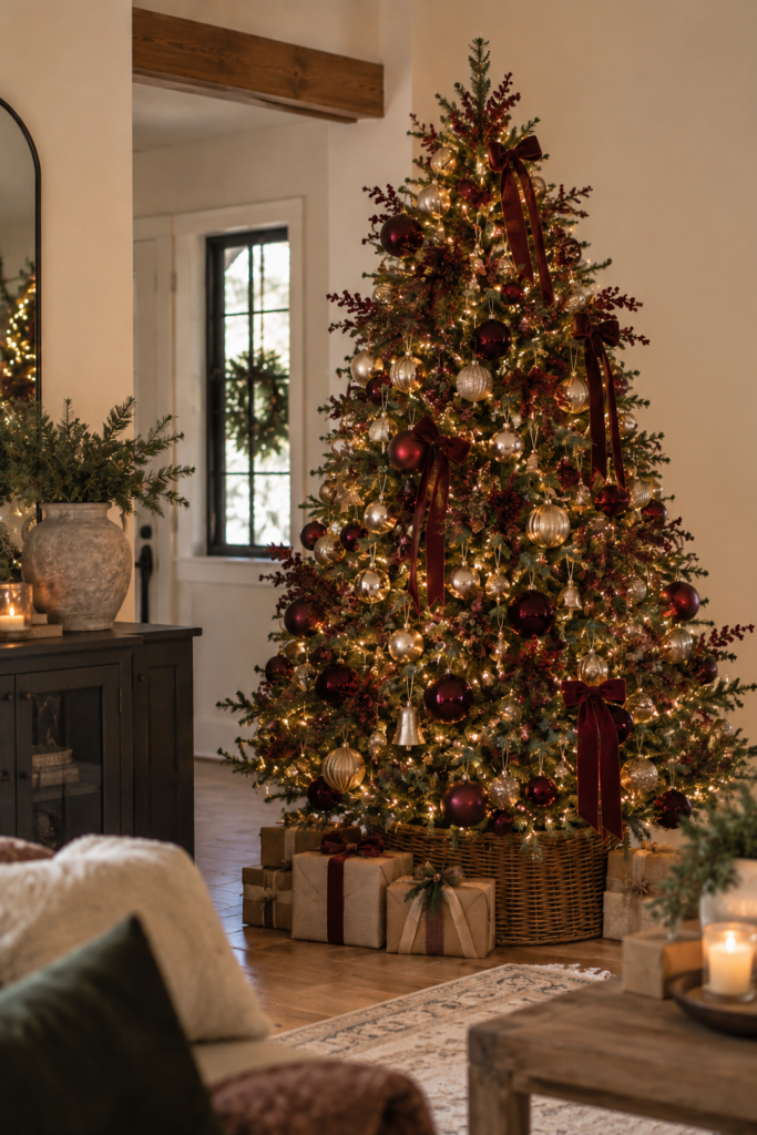 a Christmas tree with burgundy ornaments and presents under the tree