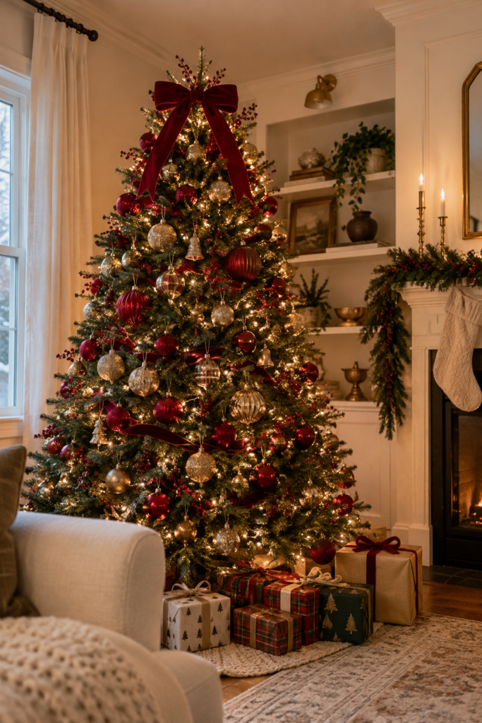 a classic red and gold christmas tree decorated with ornaments. a garland on the mantle.