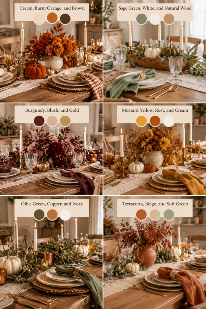 Thanksgiving table color palettes featuring six fall-inspired combinations with cream, burnt orange, brown, gold, sage green, burgundy, blush, mustard yellow, olive green, copper, terracotta, and beige. Each palette includes a styled Thanksgiving tablescape, four color swatches, and matching HEX codes.