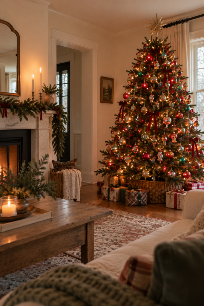 Old-fashioned Christmas tree decorated with traditional red ornaments, pinecones, greenery, and warm lights in a cozy vintage-inspired living room.