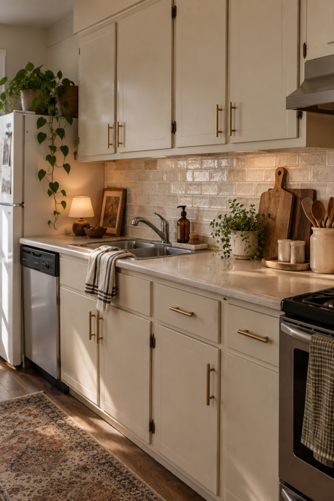 Cozy rental kitchen with updated brass cabinet hardware, neutral peel-and-stick style backsplash, cream cabinets, and warm decorative accents.