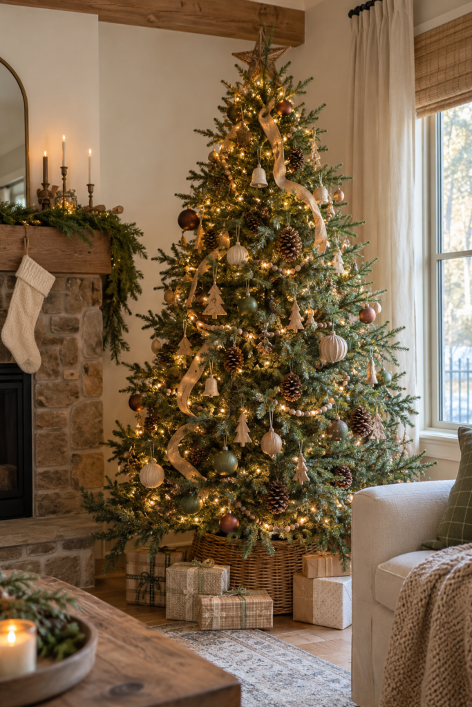 Cozy rustic Christmas tree decorated with wooden ornaments, pinecones, natural ribbon, and warm white lights in a charming living room with a stone fireplace. A beautiful example of Christmas tree decoration ideas for a warm, natural holiday look.