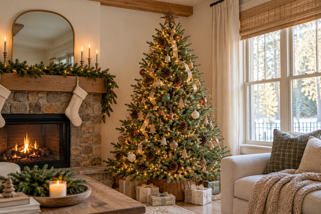 "Cozy rustic Christmas tree decorated with natural ornaments, warm white lights, and neutral accents in a beautiful living room."