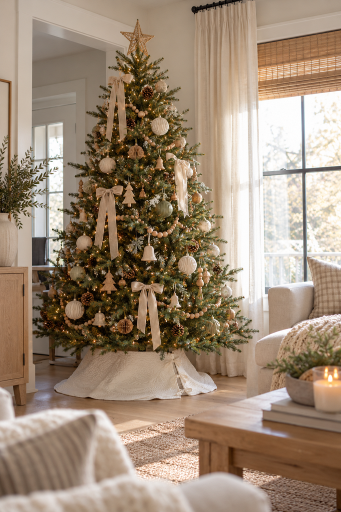 a Scandinavian interior living room with Christmas tree decoration ideas using natural elements like pinecones.