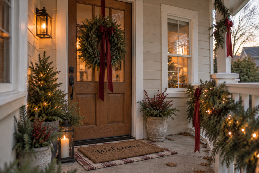 small front porch christmas ideas with a wreath on the front door and a welcome mat. Christmas trees along the front porch
