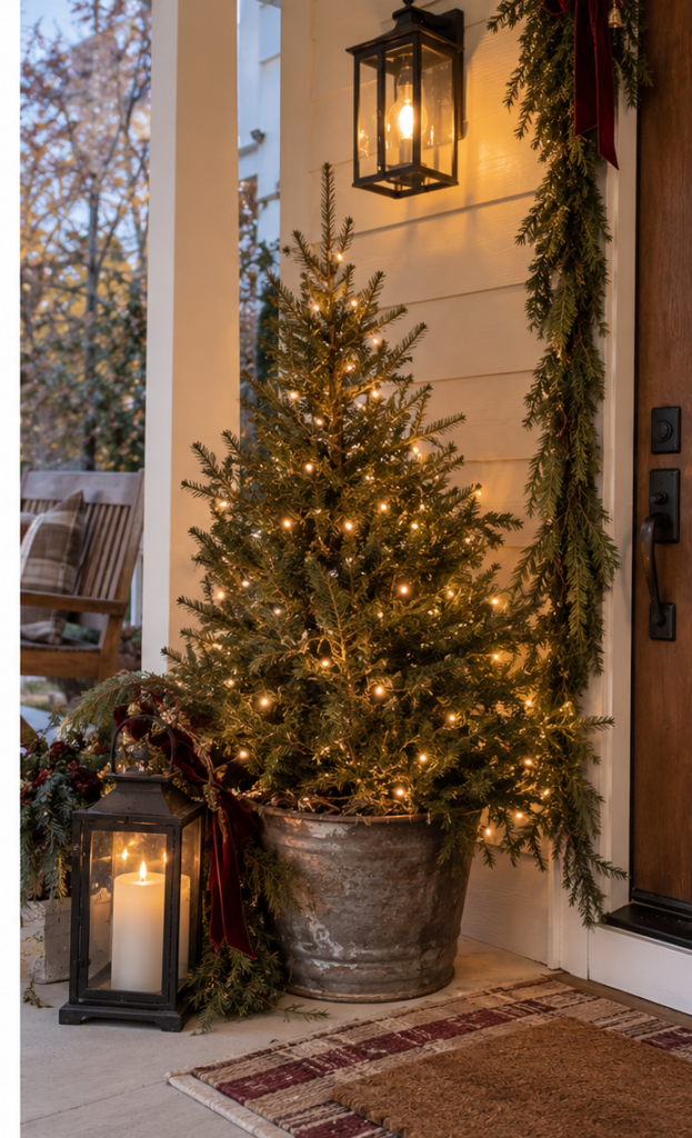 small front porch Christmas ideas that have a Christmas tree by the front door
