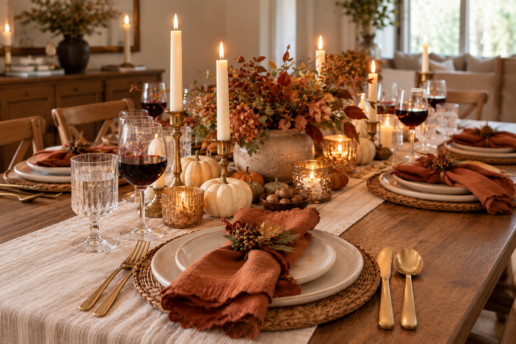Cozy Thanksgiving table setting with rust-colored linen napkins, woven placemats, white pumpkins, brass candlesticks, glowing candles, and warm autumn floral arrangements on a rustic wooden dining table.