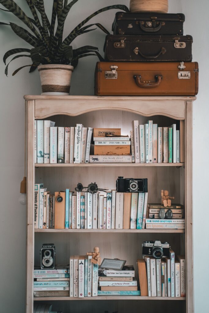 Vintage wooden bookshelf decorated with books, antique cameras, stacked suitcases, and collected secondhand accessories.
