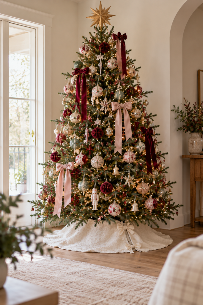 Whimsical Christmas tree decoration ideas featuring burgundy and blush velvet bows, colorful vintage ornaments, warm white lights, and a burgundy ribbon topper in a bright, cozy living room.